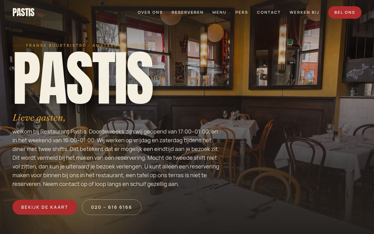 Voorbeeldwebsite voor Franse bistro Pastis, met menukaart en reserveringsinformatie